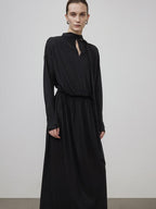 unspoken Minimal Office Pleated Round Neck Elastic Waist Long Sleeve Black Maxi Dresses