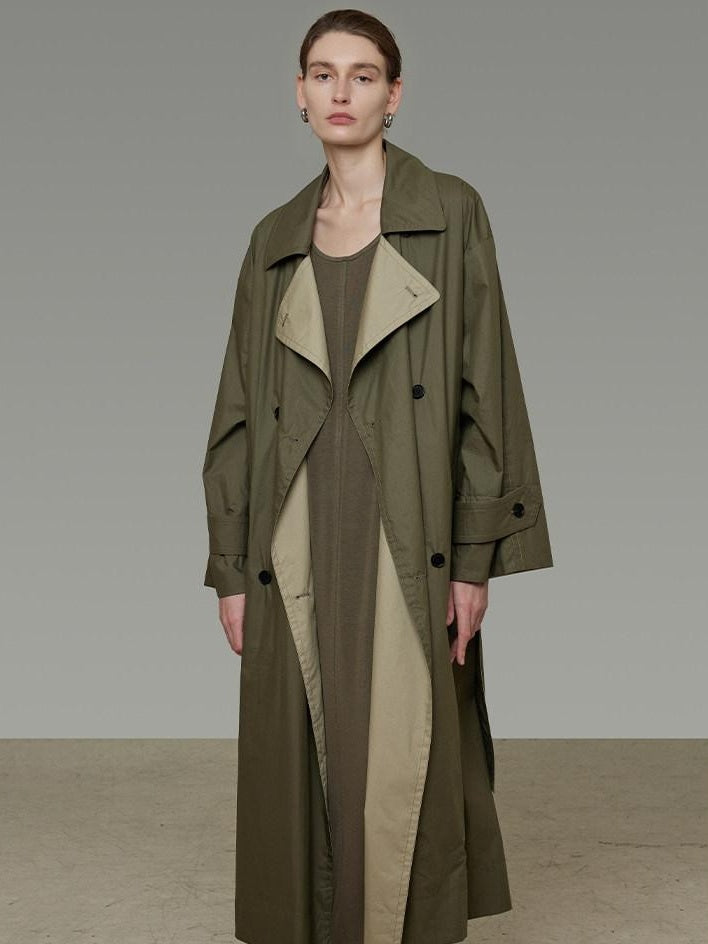 unspoken Minimal Commuter Long Double Breasted Loose Fit Women Black Olive Trench Coats