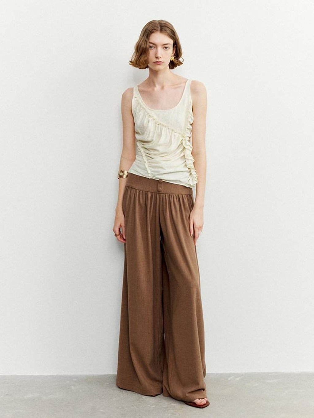 someone sometimes Ruffled Lettuce Edge Slim Fit Original Design Viscose Blend Cream Tank Tops