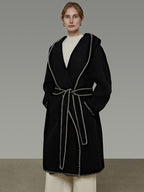 unspoken Cozy Minimalist Commuter Loose Hooded Midlength Women Black Tie Wool Coats