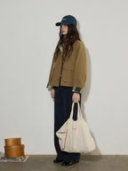Lofi choose Plaid Zip Front Loose Fit Commuter Long Sleeve Women Sand Khaki Cropped Jackets