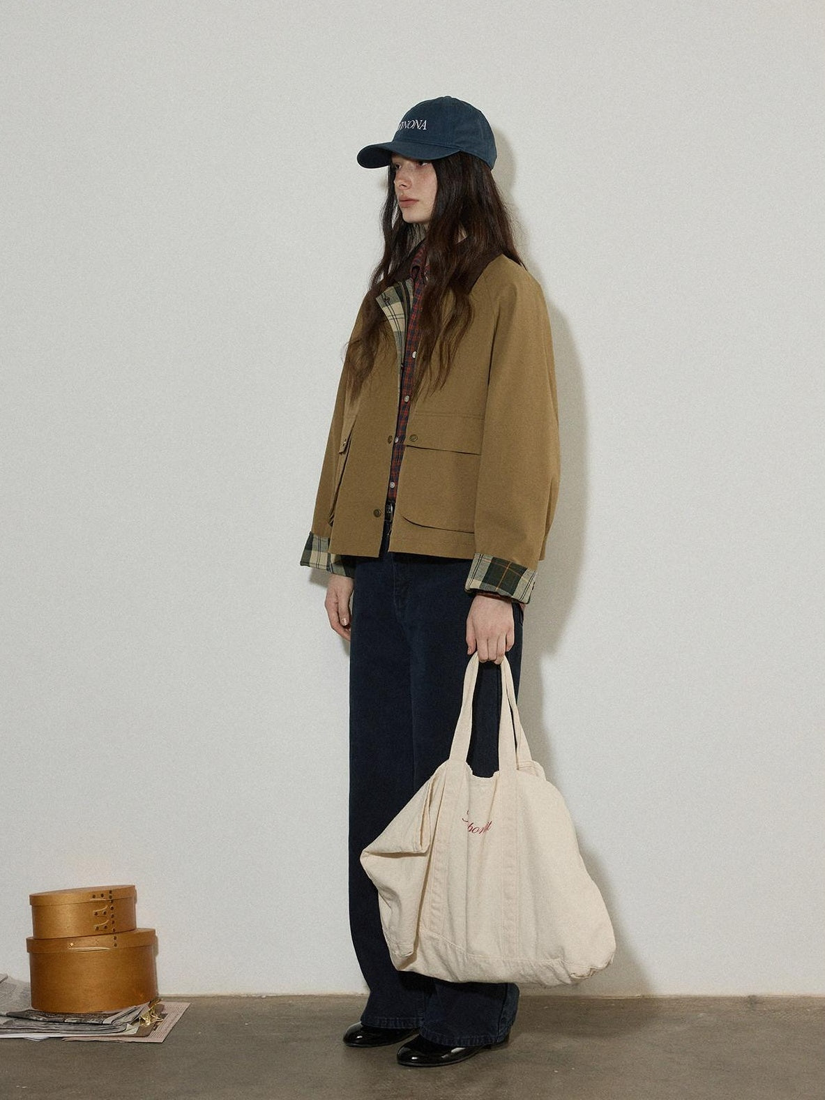 Lofi choose Plaid Zip Front Loose Fit Commuter Long Sleeve Women Sand Khaki Cropped Jackets