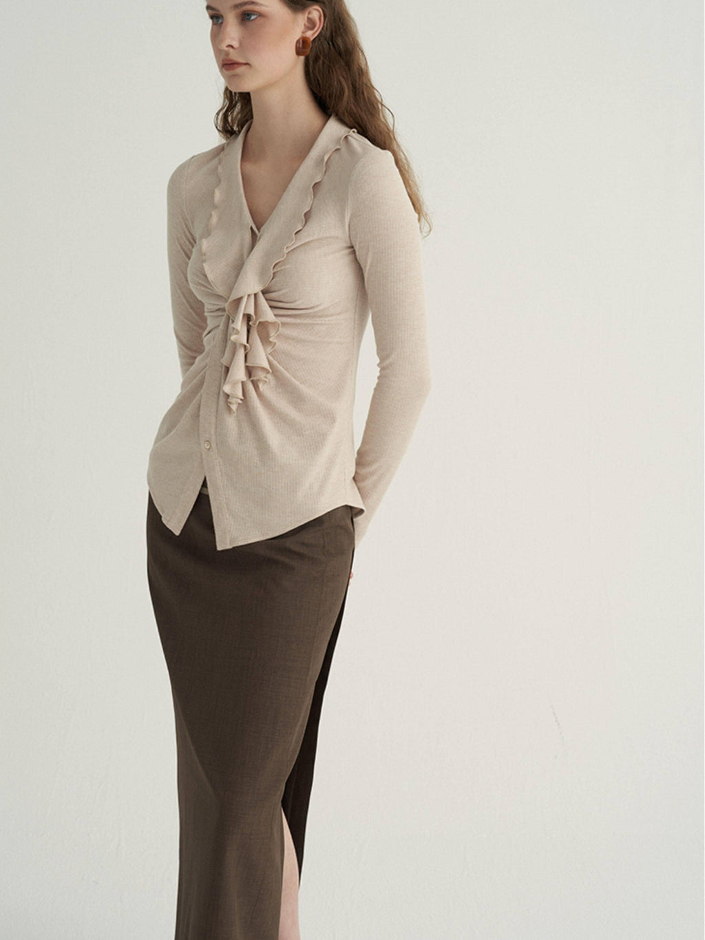 someone sometimes Ruffled V-neck Slim Fit Thin Knit Viscose Women Oatmeal Long Sleeve T-Shirts