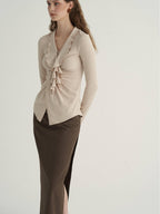 someone sometimes Ruffled V-neck Slim Fit Thin Knit Viscose Women Oatmeal Long Sleeve T-Shirts