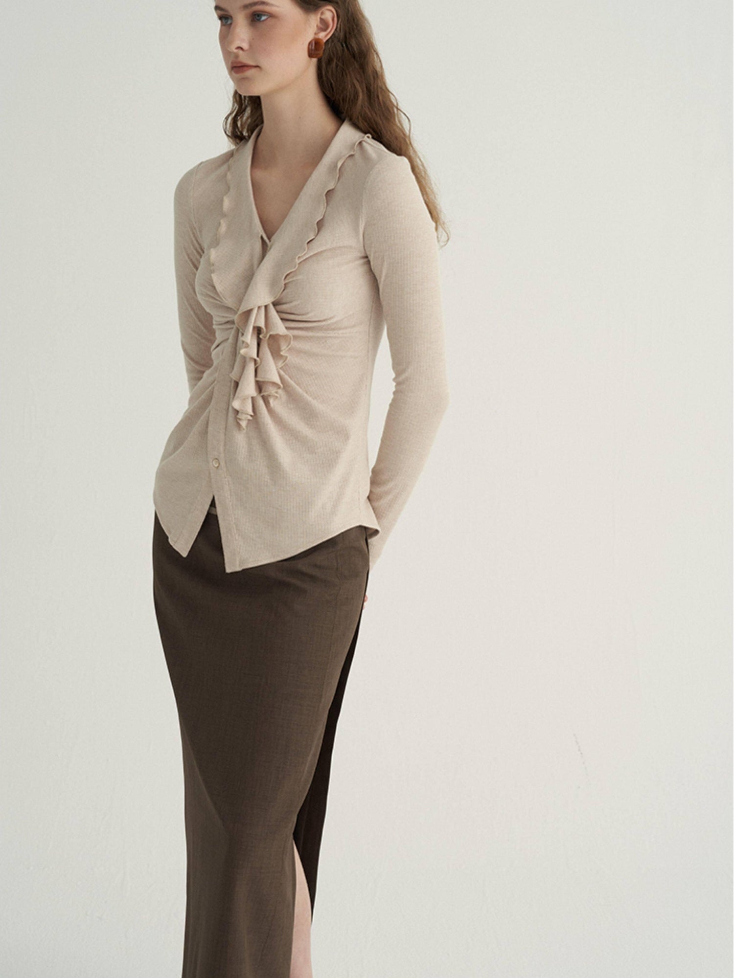 someone sometimes Ruffled V-neck Slim Fit Thin Knit Viscose Women Oatmeal Long Sleeve T-Shirts