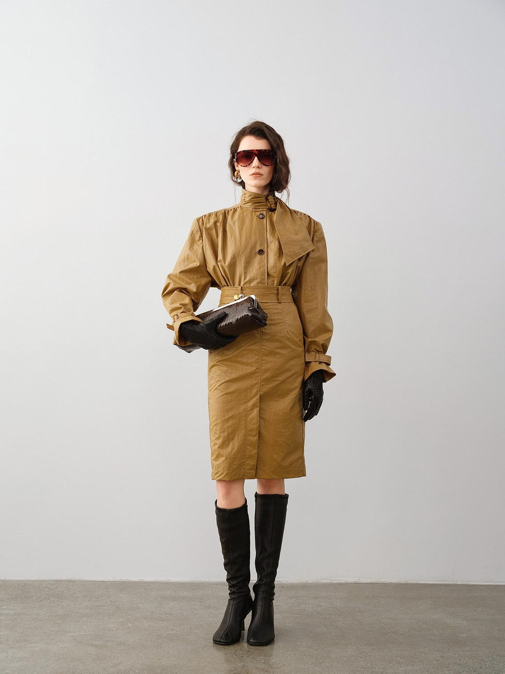 audreyyang Slimming Loose Cuffed Sleeves Button Women Mustard Green Leather Jackets