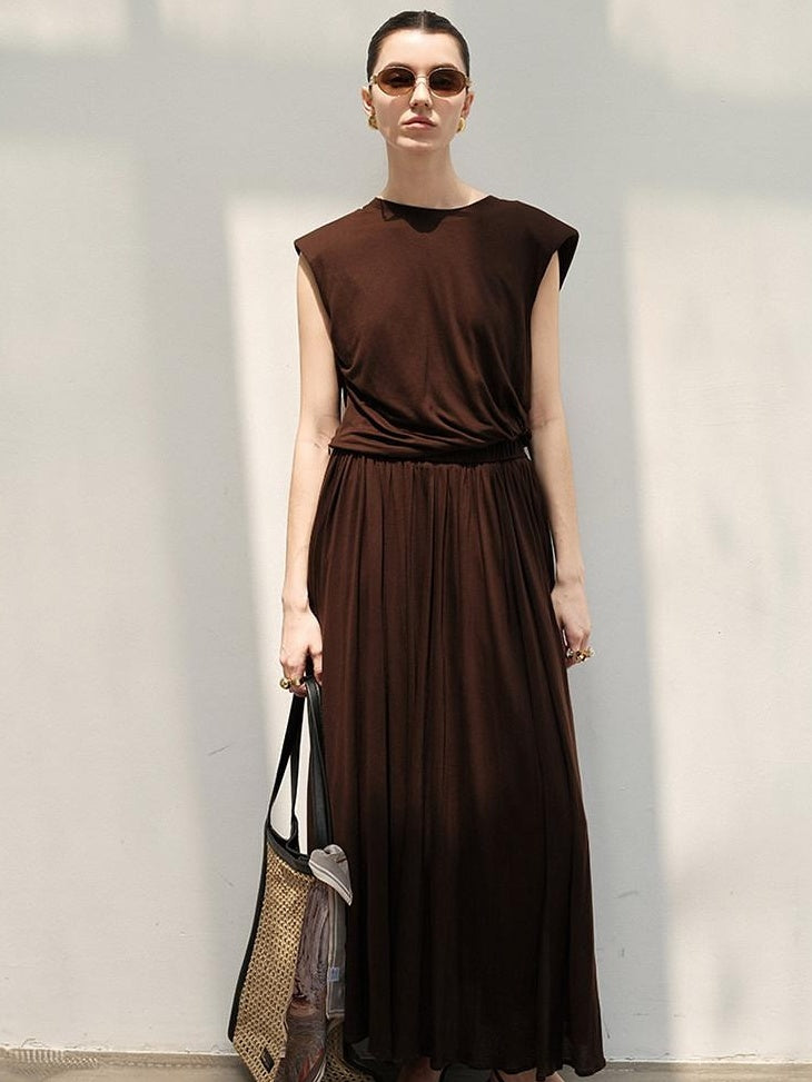 audreyyang Recycled Viscose French Chic Pleated Aline Two Piece Sleeveless Maxi Dresses