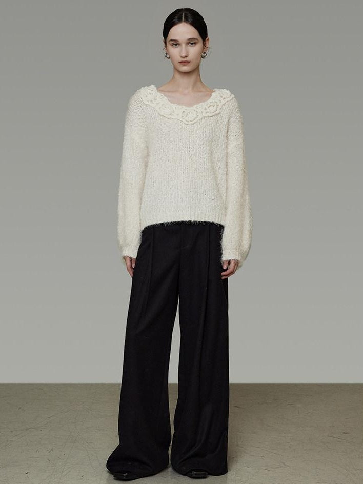 unspoken Cozy Minimal Commuter V-neck Crochet Knit Loose Women Pullover Sweaters