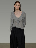 unspoken Breathable V-neck Ruffle Loose Fit Commuter Workwear Women Blue Pullover Blouses