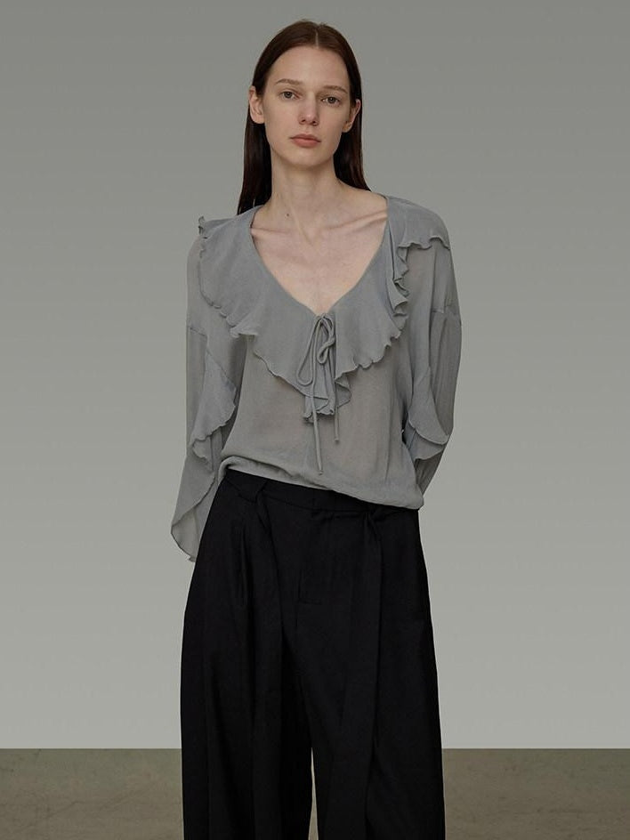 unspoken Breathable V-neck Ruffle Loose Fit Commuter Workwear Women Blue Pullover Blouses