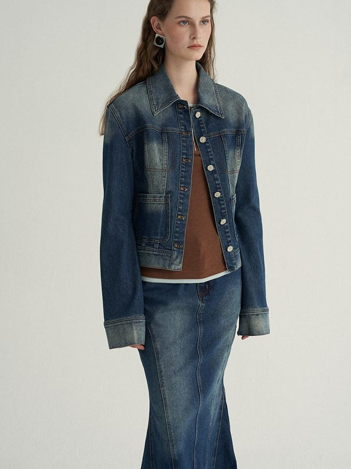 someone sometimes High Cotton Denim Blue Long Sleeve Collared Buttoned Women Top & Skirt Sets