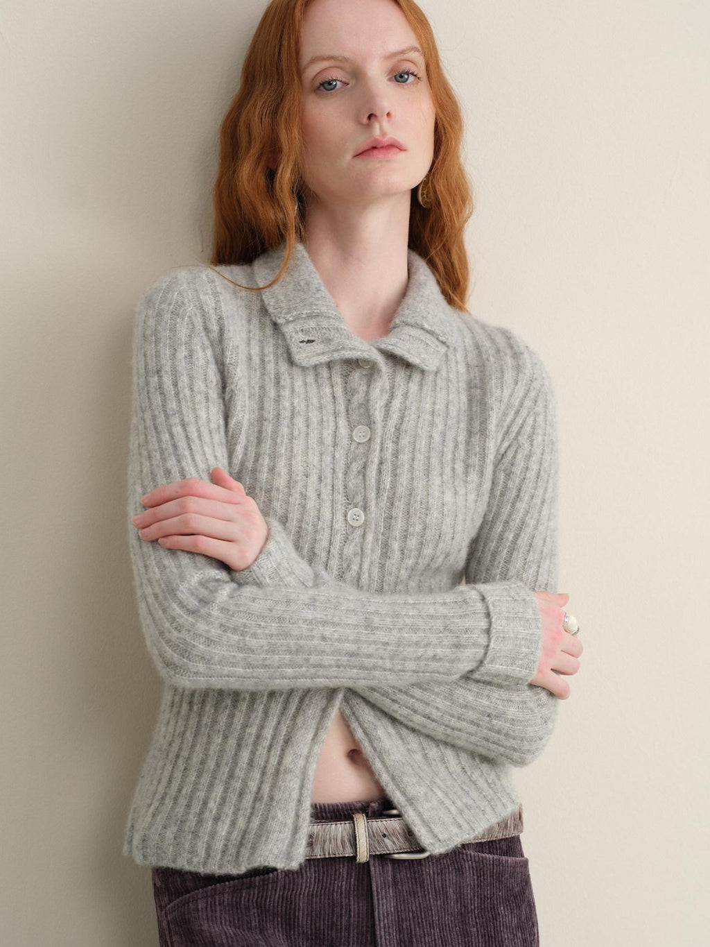 someonesometimes Soft Wool Cotton Blend Slim Fit Side Slit Cropped Button Crewneck Womens Cardigans
