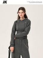 ikyou Ribbed Grey Cropped Hood Pullover Commuter Polyester Women Top & Pants Sets