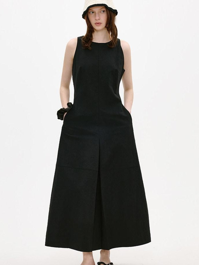 fano Breathable Cotton Blend Sleeveless A Line Korean Workwear Black Maxi Dresses
