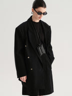 audreyyang Cotton Linen Blend Double Breasted Relaxed Casual Women Commuter Black Blazers