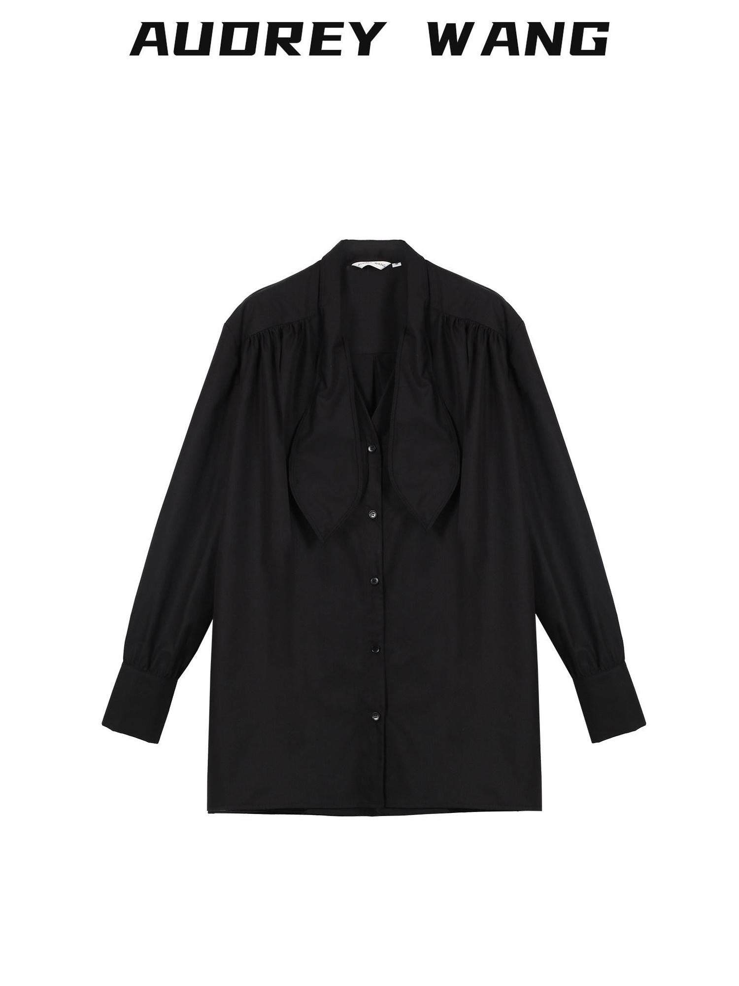 audreyyang Slimming Pleated Loose Longline Button Front Long Sleeve Women Blouses