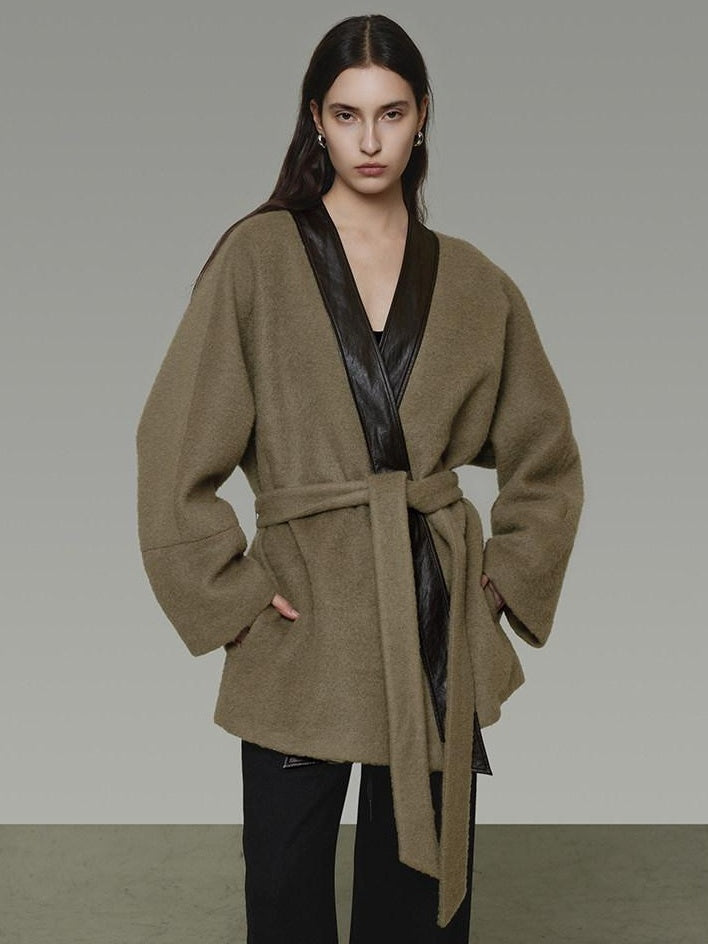 unspoken Minimal Patchwork Loose Fit V-neck Tie Closure Women Commuter Wool Coats