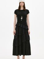 fano Breathable Viscose A Line Plaid Short Sleeve Korean Commuter Casual Maxi Dresses
