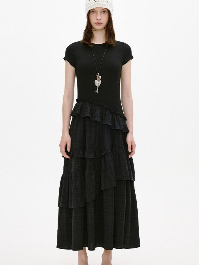 fano Breathable Viscose A Line Plaid Short Sleeve Korean Commuter Casual Maxi Dresses