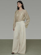 unspoken Breathable Lyocell Embroidered Vintage Loose Round Neck Women Almond Blouses