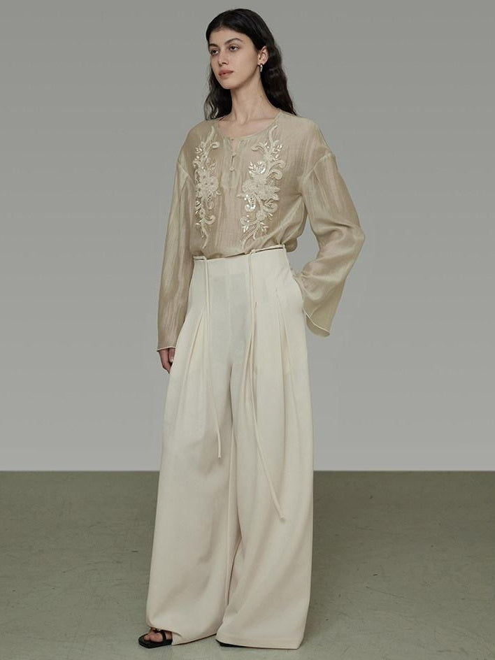 unspoken Breathable Lyocell Embroidered Vintage Loose Round Neck Women Almond Blouses