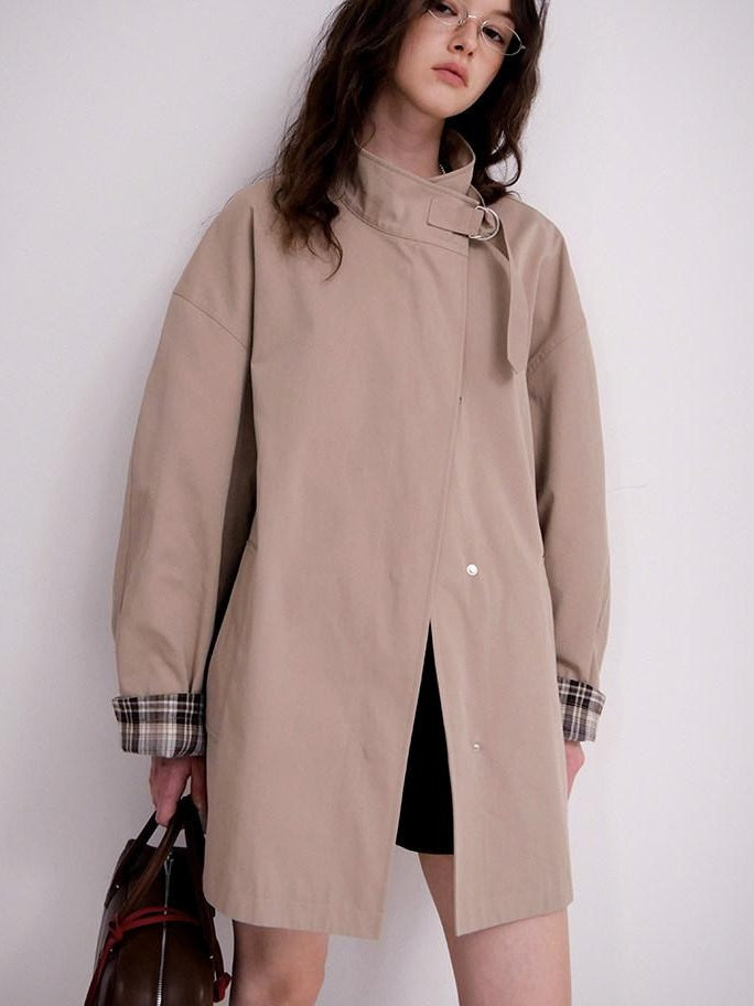 fano Khaki Loose Fit Single Breasted Mid Length Korean Casual Women Trench Coats