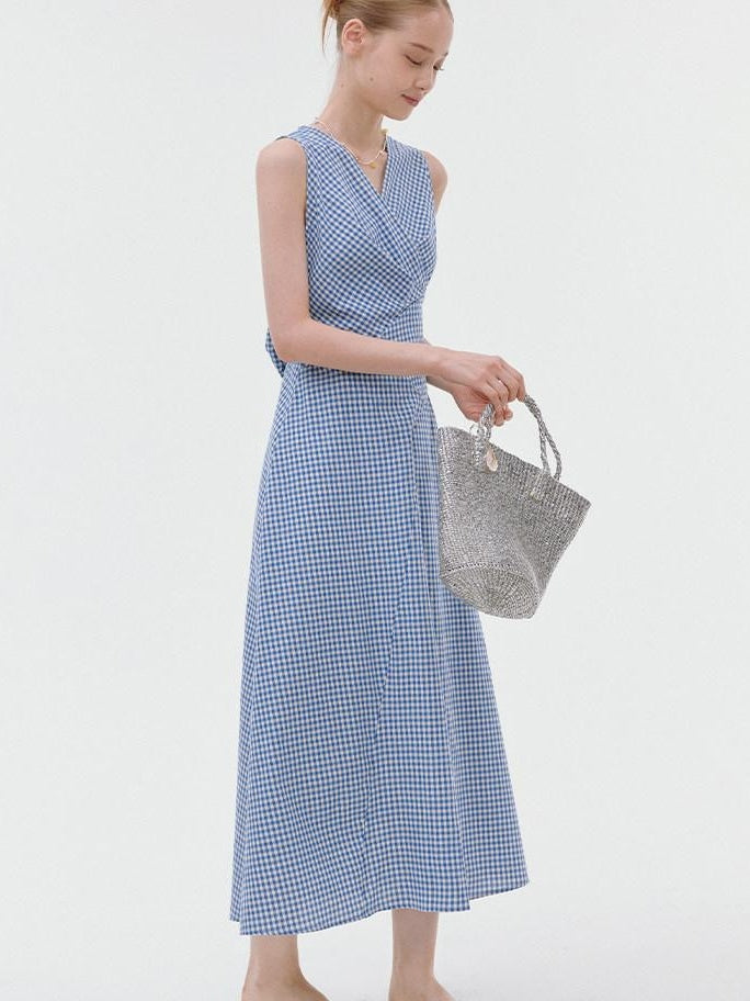 fano Pure Cotton Sleeveless V-neck A Line Office Casual Women Blue Midi Dresses