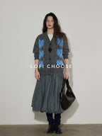 Lofi choose Cozy Wool Blend V-neck Button Front Relaxed Fit Heart Pattern Gray Cardigans