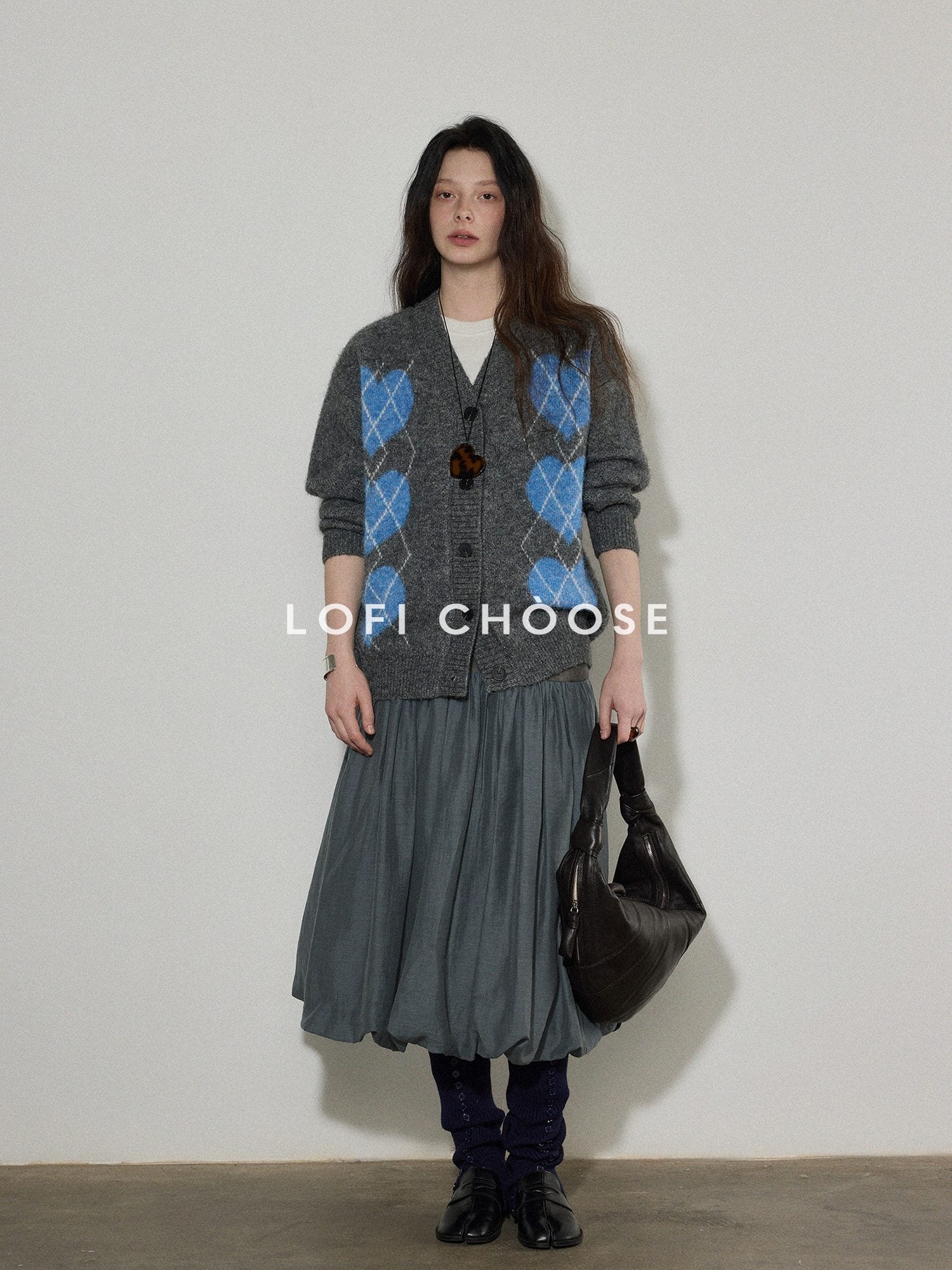 Lofi choose Cozy Wool Blend V-neck Button Front Relaxed Fit Heart Pattern Gray Cardigans
