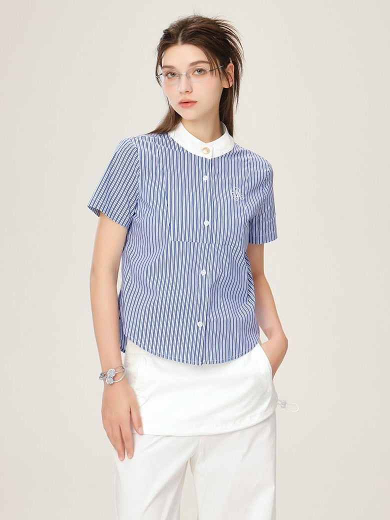 ikyou Embroidered Patchwork Straight Fit Stand Collar Short Sleeve Blue Button Blouses
