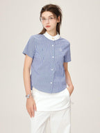ikyou Embroidered Patchwork Straight Fit Stand Collar Short Sleeve Blue Button Blouses