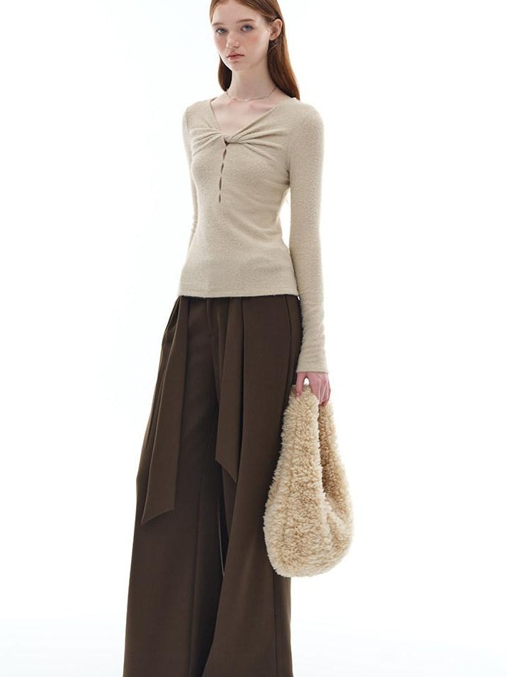 someonesometimes Soft Stretch V-neck Cutout Slim Fit Knit For Women Apricot Long Sleeve T-Shirts