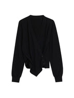 unspoken Soft Asymmetrical Loose Women V-neck Long Sleeve Black Blouses
