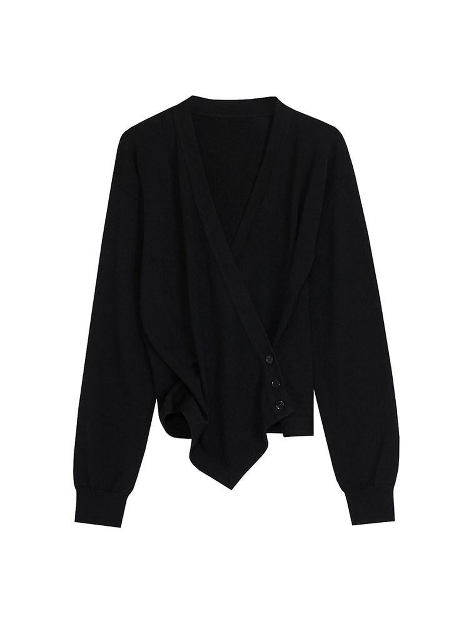 unspoken Soft Asymmetrical Loose Women V-neck Long Sleeve Black Blouses