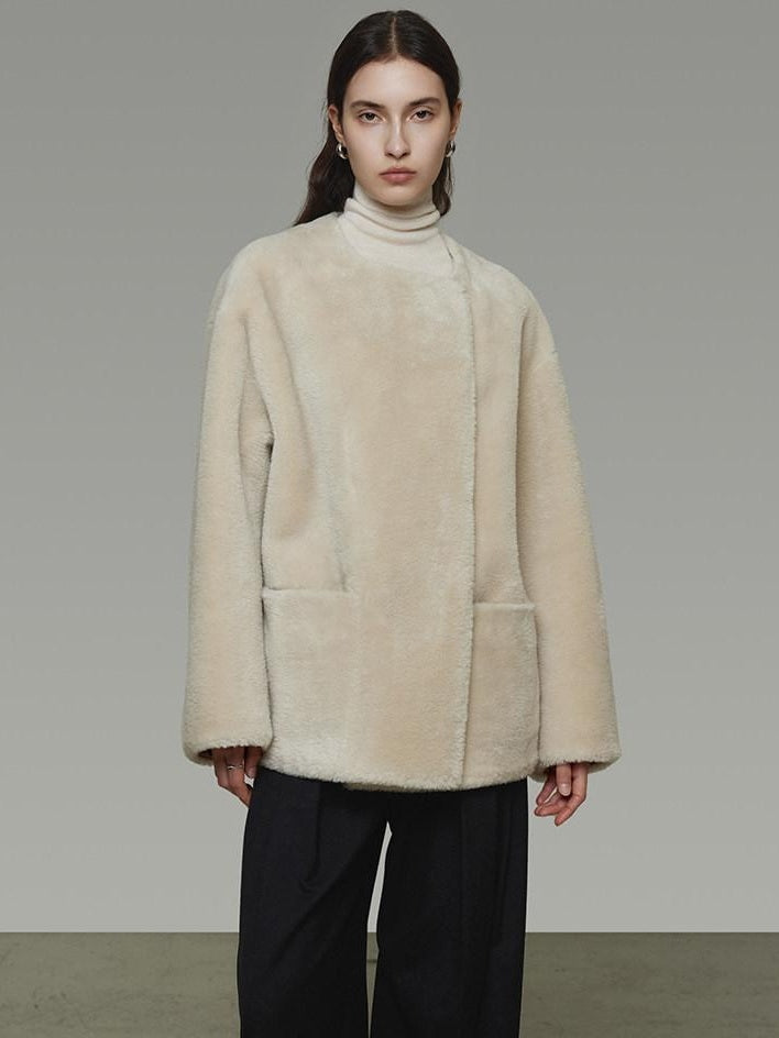 unspoken Warm Cream Collarless Minimalist Relaxed Fit Women Polyester Short Coat