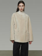 unspoken Warm Cream Collarless Minimalist Relaxed Fit Women Polyester Short Coat