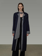 unspoken Minimal Navy Plaid Single Breasted Midlength Relaxed Women Trench Coats
