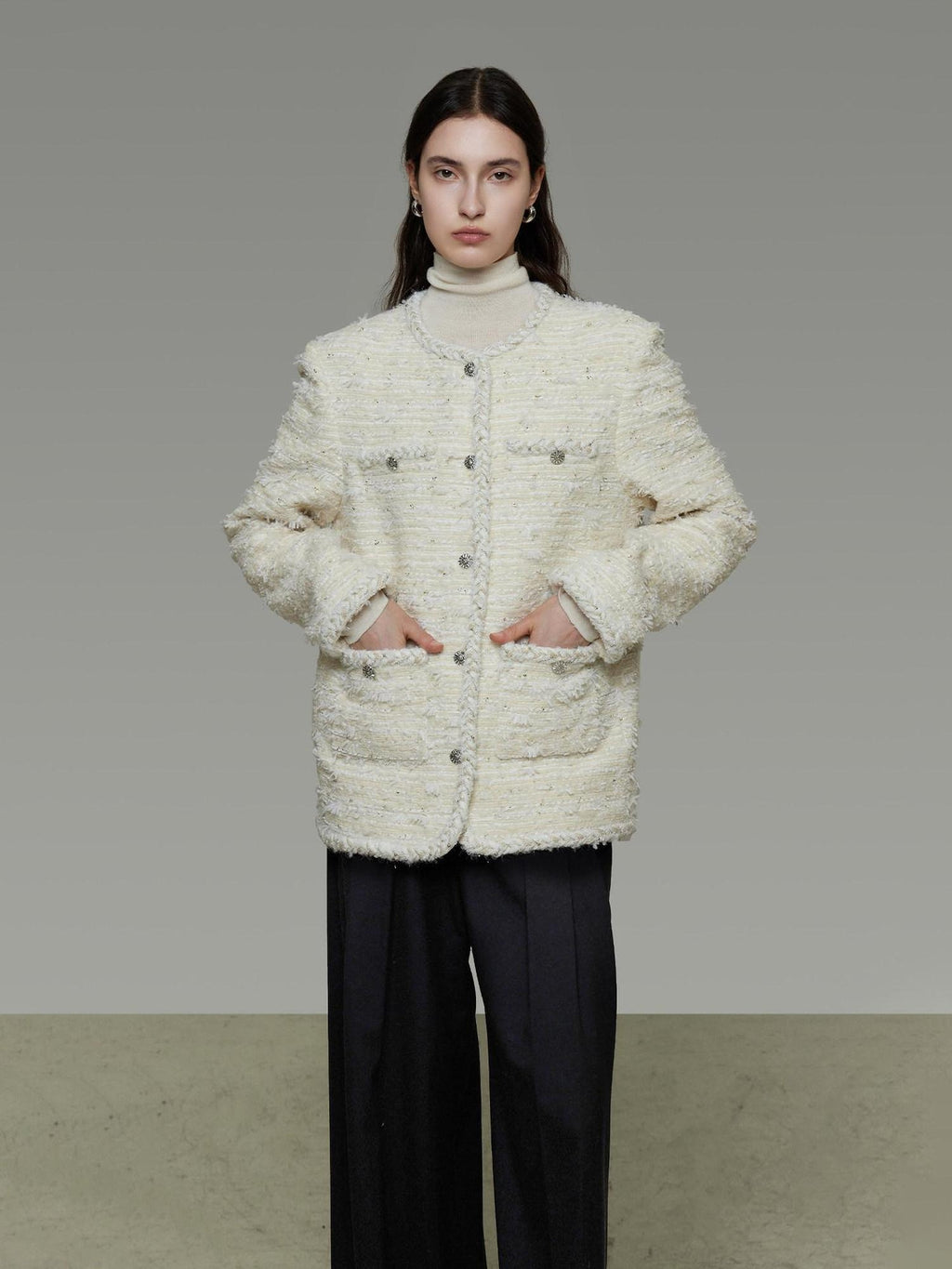 unspoken Soft Wool Blend Minimalist Commuter Round Neck Single Breasted Loose Short Coat