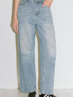 fano High Waist Cotton Floral Blue Zip Fly Loose Fit Women Straight Leg Jeans
