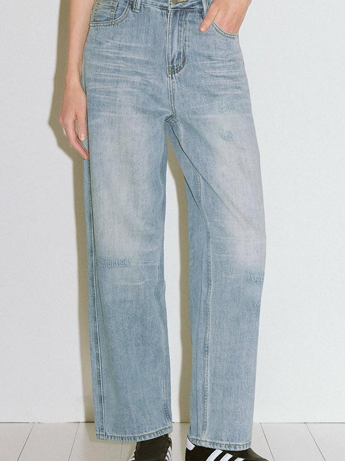 fano High Waist Cotton Floral Blue Zip Fly Loose Fit Women Straight Leg Jeans