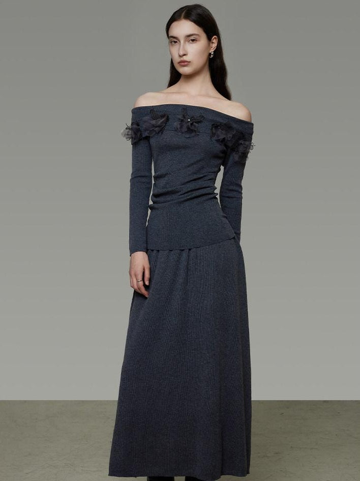unspoken High Stretch Slim Knit Boat Neck Long Sleeve Dark Gray Office Top & Skirt Sets