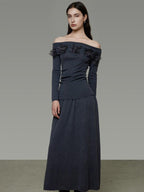unspoken High Stretch Slim Knit Boat Neck Long Sleeve Dark Gray Office Top & Skirt Sets