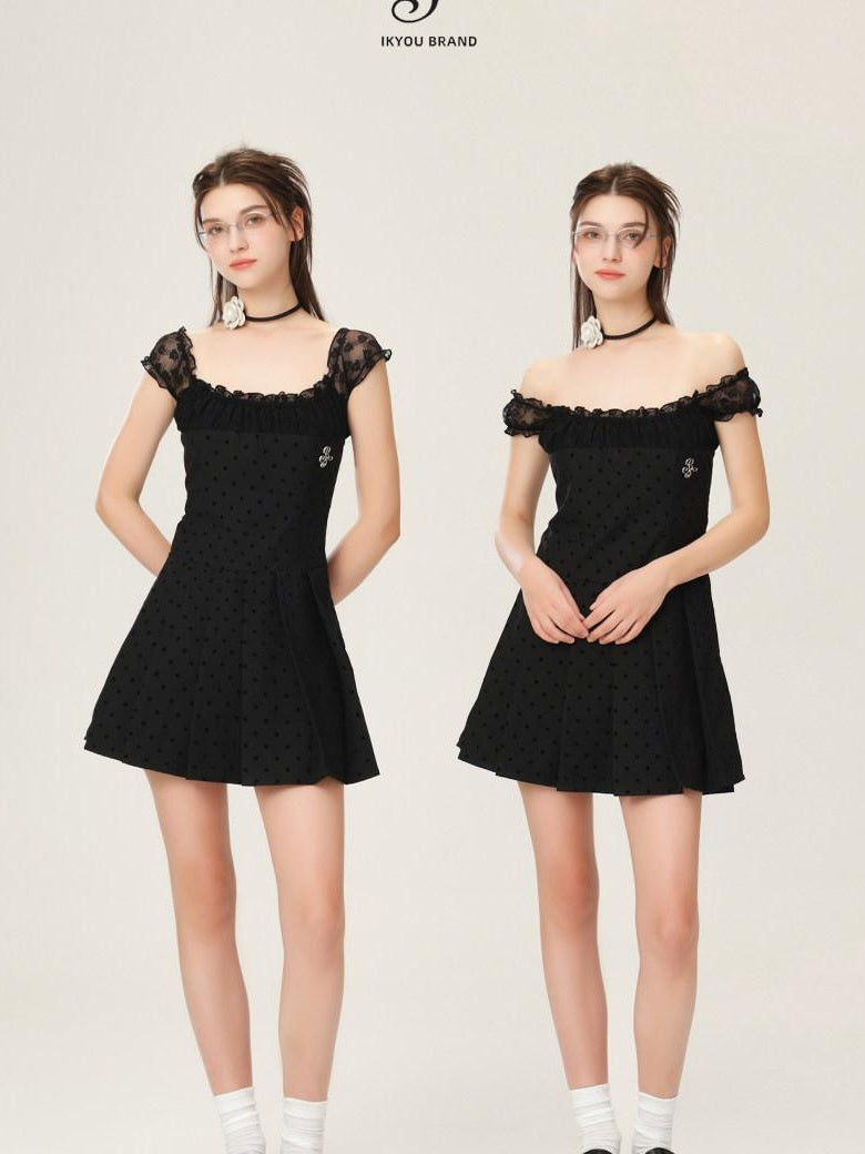 ikyou Waist Defining Lace Minimalist Off Shoulder A Line Black Midi Dresses