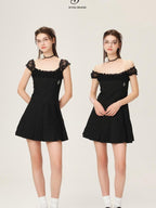 ikyou Waist Defining Lace Minimalist Off Shoulder A Line Black Midi Dresses