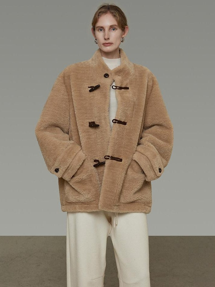 unspoken Warm Fur Lined Oversized Stand Collar Khaki Women Short Coat