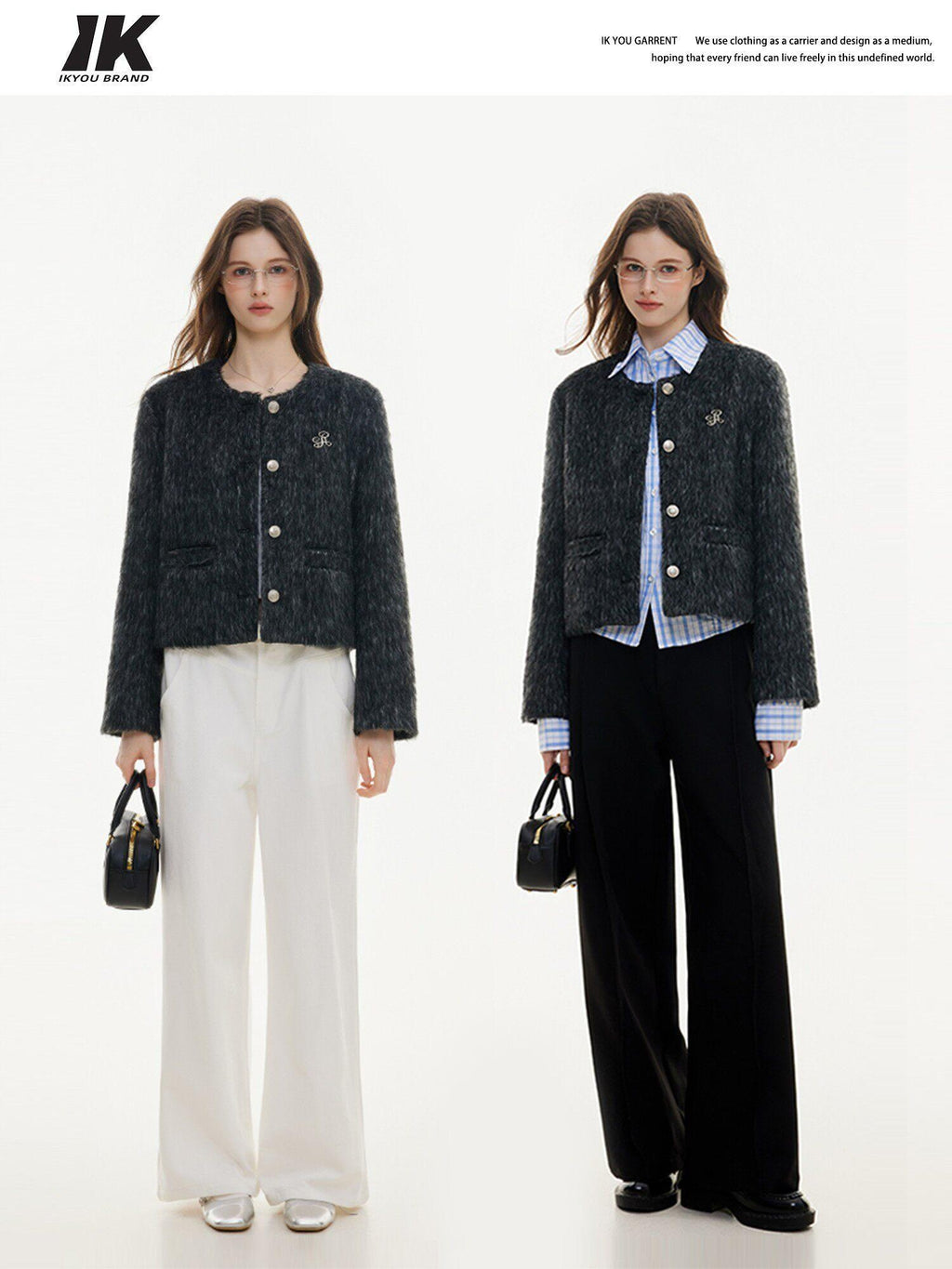 ikyou Wrinkle Free Korean Commuter Straight Fit Polyester Tweed Cropped Jackets