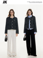 ikyou Wrinkle Free Korean Commuter Straight Fit Polyester Tweed Cropped Jackets