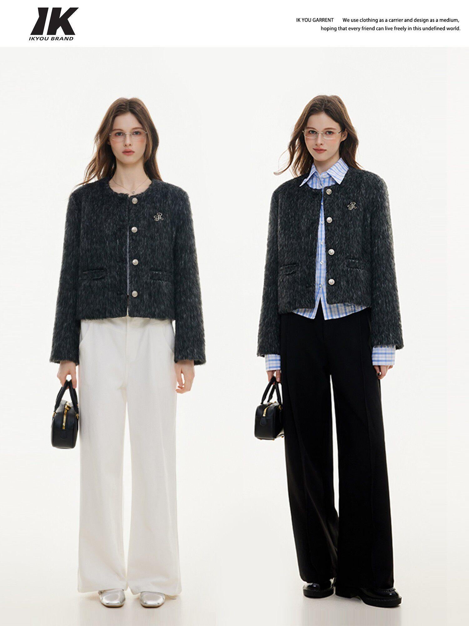 ikyou Wrinkle Free Korean Commuter Straight Fit Polyester Tweed Cropped Jackets