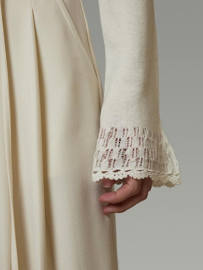 unspoken Breathable Slim Fit Lace Square Neck Women Long Sleeve Knit White Blouses