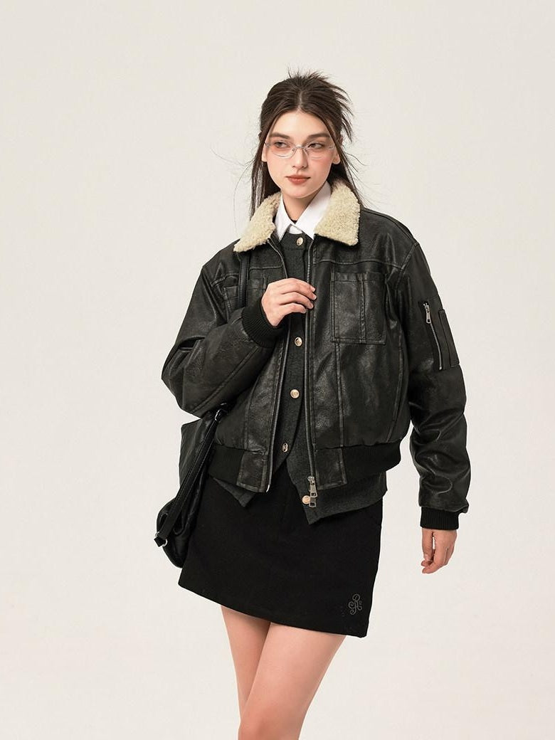 ikyou Thick Distressed Pu Patchwork Straight Zip Pockets Minimalist Leather Jackets